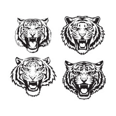 BLACK AND WHITE VECTOR GRAPHICS OF AN ANGRY TIGER HEAD DESIGN