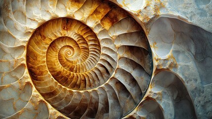 Obraz premium A stunning close-up of a nautilus shell embedded in weathered stone, showcasing a mesmerizing spiral pattern and intricate textures.