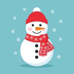 Cheerful Snowman Wearing a Red Hat and Scarf with Falling Snowflakes.