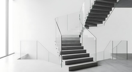 Modern staircase with glass railings in a bright, minimalist interior.