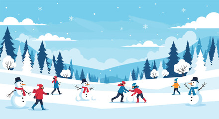 Children joyfully playing in a snowy winter landscape with snowmen.