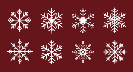 Collection of eight intricate white snowflake designs on a deep red background.