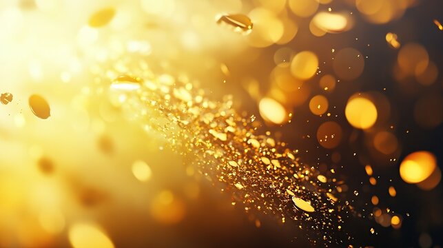 Golden light radiates from a central point, creating a dynamic and shimmering effect with scattered particles.