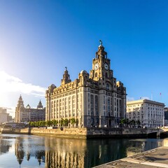 Obraz premium A large, ornate building with a clock tower stands near the water under a blue sky, reflecting in the calm surface