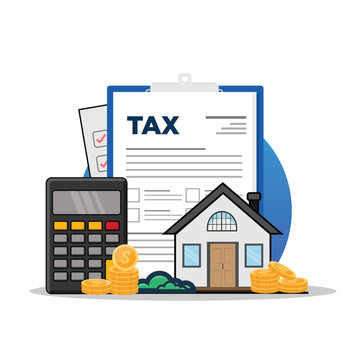 Home Taxes concept and Finances. Residential house with tax documents, personal housing tax, business with housing, money, and tax documents. 