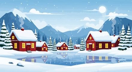 Naklejka premium Cozy Snow-Covered Village Nestled Amongst Majestic Mountains.