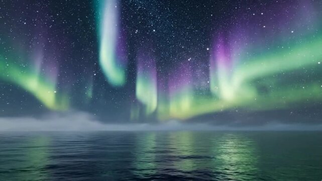 Aurora borealis display over a calm ocean with stars and clouds in the night sky above water scene - hd 4k