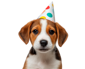 Cute dog with festive accessories, Adorable tricolor puppy sporting polka dot hat celebrating on transparent background