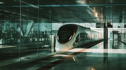 Futuristic hydro train embodies sustainable transport design within a serene modern terminal environment