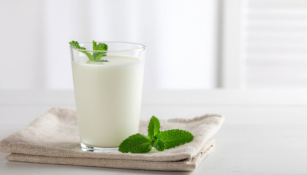 A glass of white buttermilk, ayran, or traditional lassi, garnished with a mint sprig, resting on a beige linen napkin in a bright indoor setting.