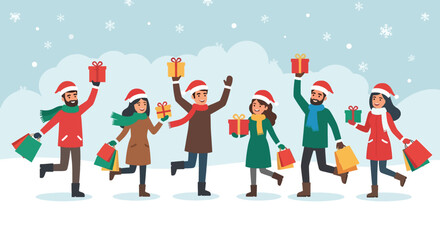 Diverse group of people in Santa hats celebrating Christmas with gifts.