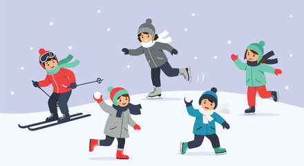 Fototapeta premium Diverse group of children enjoying various winter sports and activities in the snow.