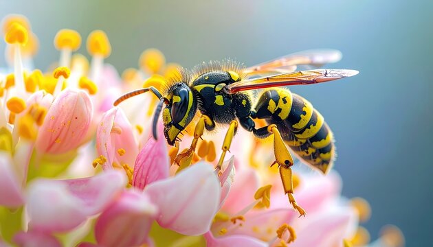 Yellow Black Striped Wasp Insect Resting On Pink Flower With Yellow Pollen Grains In Soft Focus Outdoor Sunlight Macro Shot