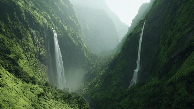 A lush green canyon with two tall waterfalls cascading down sheer cliffs into a misty valley.