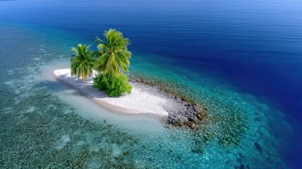 Small Tropical Sandbar Island With Lush Green Palm Trees Surrounded by Crystal Clear Turquoise Ocean Water and Sunlit Ripples