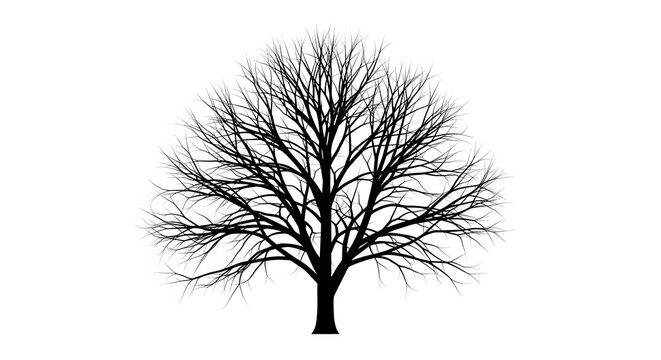 A black silhouette of a large, bare deciduous tree with many intricate branches against a plain white background. - Powered by Adobe