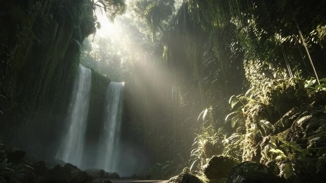 A tropical rainforest scene with a cascading waterfall and sunbeams filtering through the dense jungle onto a misty pool.