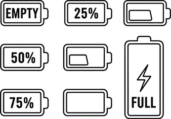 Battery level indicators empty 25 percent 50 percent 75 percent and full with lightning bolt vector
