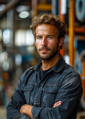 Fototapeta premium Confident Young Male Employee in Industrial Setting - Concept of Espionage, Serious Expression, Daylight