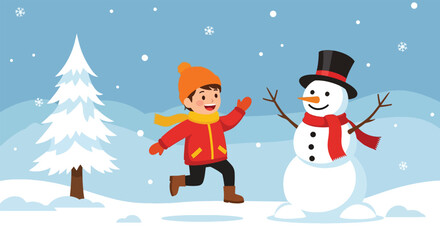 Fototapeta premium Joyful child in winter attire running towards a classic snowman in a snowy landscape.