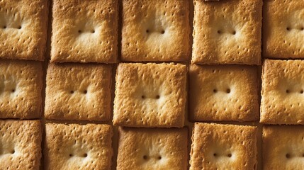 A close-up shot of a collection of golden crackers arranged in a grid pattern, highlighting their textured surfaces and rustic appearance.