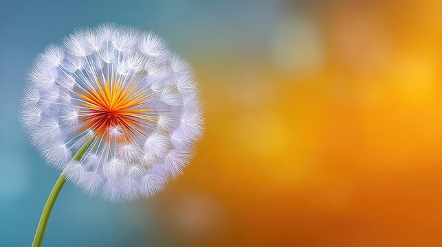 Close Up Macro Of A Dandelion Seed Head With Orange And Blue Bokeh Background In Soft Sunlight - Powered by Adobe