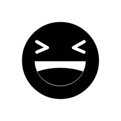 A black and white image of a laughing emoji with closed eyes and a wide smile on a white background