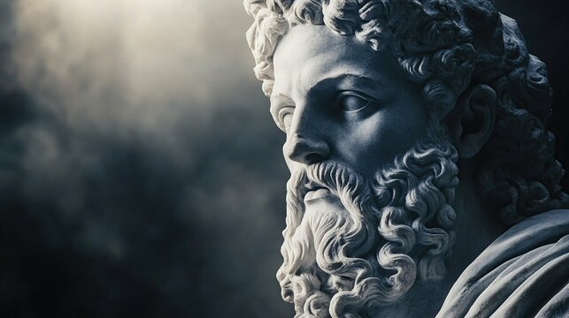 A weathered marble statue of a bearded man, reminiscent of a classical Greek god, is dramatically illuminated with a spotlight, creating a sense of timelessness and power.