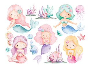 Watercolor Illustration Set of Mermaids and Sea Creatures