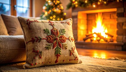 Festive christmas pillow on couch by warm fireplace christmas pillow rests on comfy couch beside glowing fireplace creating warm holiday ambiance