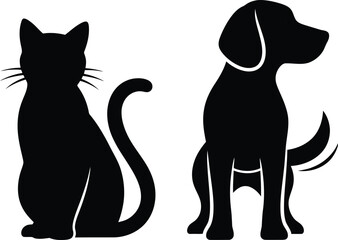 Black silhouette of a sitting cat and a standing dog cat silhouette dog silhouette