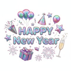 Happy New Year Holographic Text with Party Elements, Balloons, Gift, Champagne, Fireworks