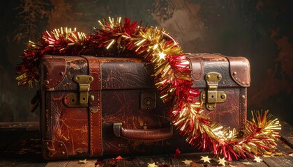 Brown suitcase with wreath decoration stylish brown suitcase adorned with lovely wreath ideal for storage display or holiday cheer