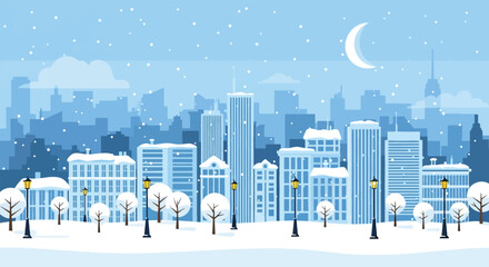 Obraz premium Snowy cityscape with modern buildings and bare trees under a crescent moon.