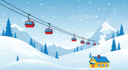 Ski resort cable car system transporting people over snowy mountains and pine trees.