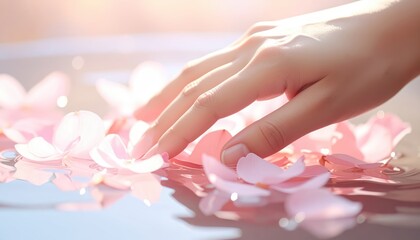 Naklejka premium Human hand gently touching delicate flower close up shot shows human hand making gentle contact with vibrant flower petals in nature