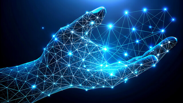 Abstract digital hand holding a network of connected dots futuristic technology concept for data science artificial intelligence and communication