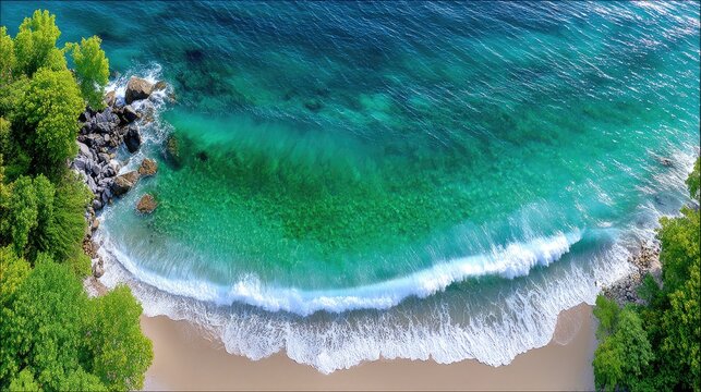 Aerial View of a Serene White Sand Beach Meeting Turquoise Ocean Waters with Gentle Waves and Lush Green Foliage Framing the Shoreline