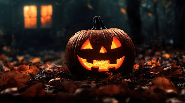 A glowing jack-o'-lantern sits on a bed of fallen leaves in a dark forest, illuminated by a warm, inviting light from a nearby window.