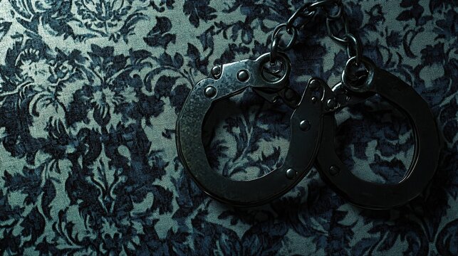 A pair of dark metal handcuffs rests on a dark patterned wallpaper, creating a sense of confinement and suspicion.