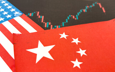 New trade war between the United States and China, various tariffs, illustration of American and Chinese flags facing each other, trade war concept