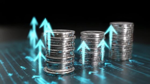 Stacks of coins with blue upward arrows signaling financial growth, rising profits, and increasing investment value.