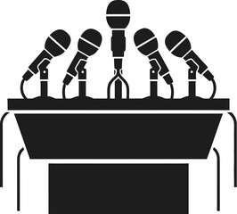 Press conference microphone on podium stage for media interview, Journalism, public speaking event coverage vector illustration silhouette icon set