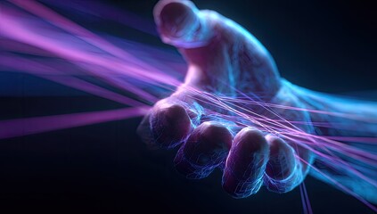 A spectral glowing human hand reaching out, wrapped in bright, vibrant laser beams