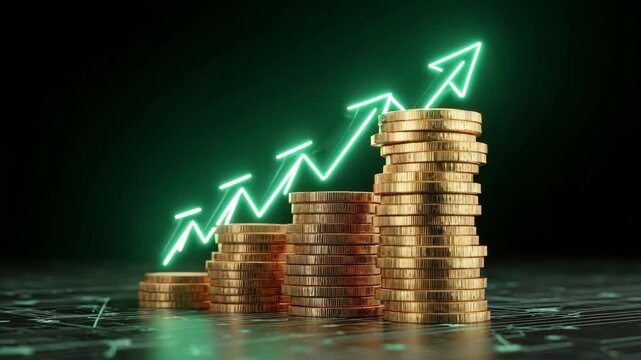 Stacks of coins increasing in height with a glowing green upward arrow, symbolizing financial growth and rising profits.