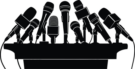 Press conference microphone on podium stage for media interview, Journalism, public speaking event coverage vector illustration silhouette icon set