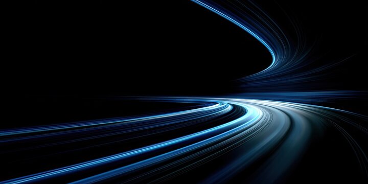 Abstract trails of blue light streak and curve against a stark black background - Powered by Adobe