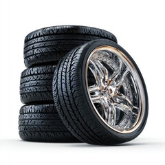 Stacked tires with a chrome rim wheel, clean studio shot on a plain white background