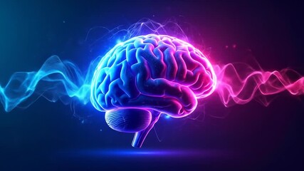 Glowing brain illustration with vibrant colors and energetic waves on a deep blue background - Powered by Adobe