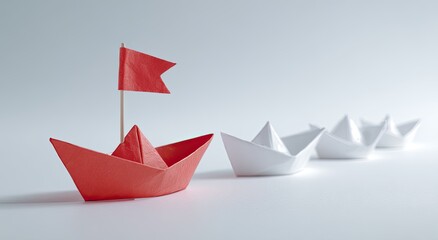 Naklejka premium Red origami boat leads white boats on clean background, leadership or navigation metaphor